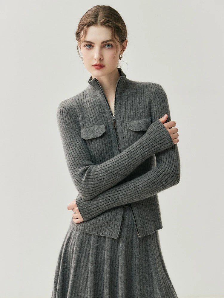 Savona 100% Cashmere Stand Collar Cardigan - Graphite Grey