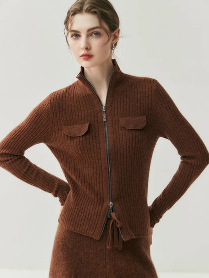 Savona 100% Cashmere Stand Collar Cardigan - Hazelnut