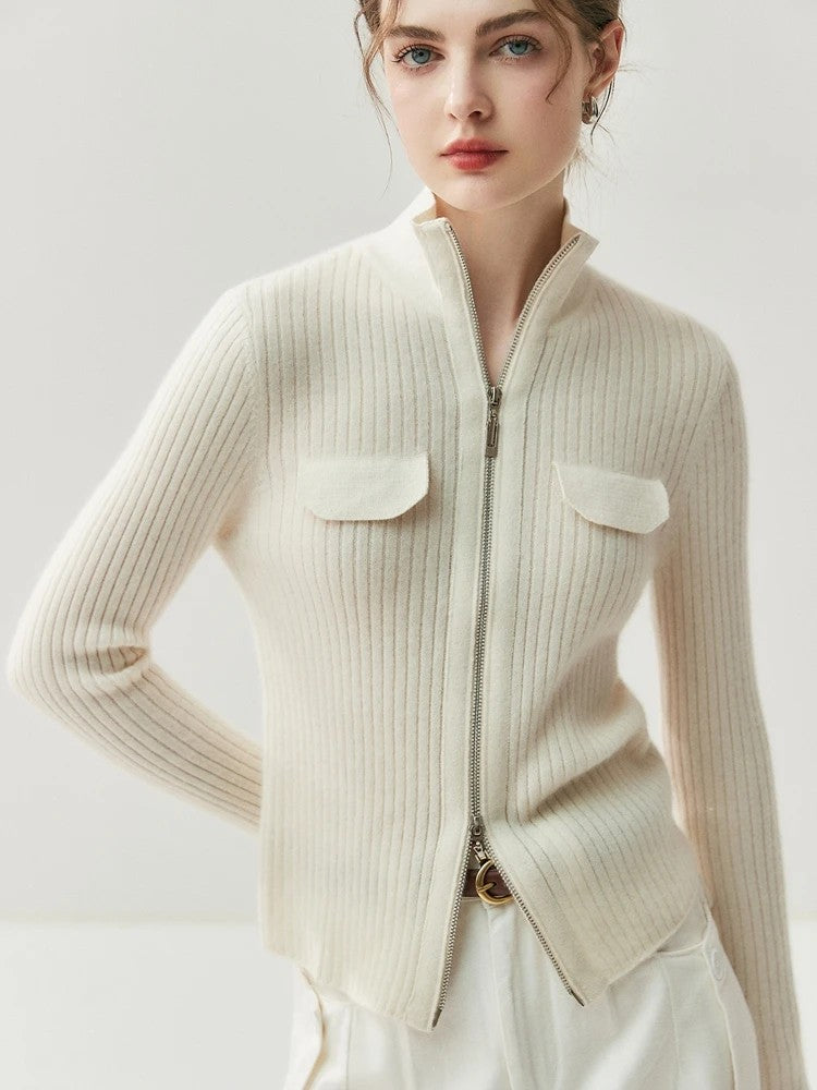 Savona 100% Cashmere Stand Collar Cardigan - Ivory