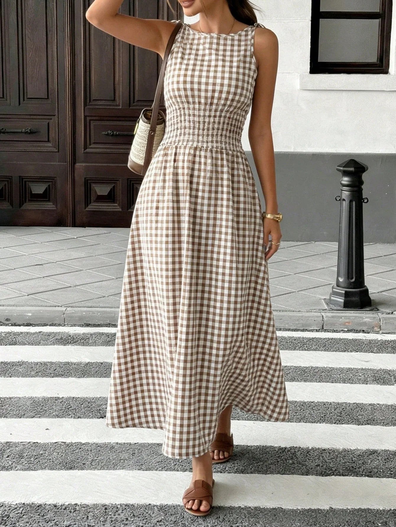 Savoy Gingham Maxi Dress - Sand