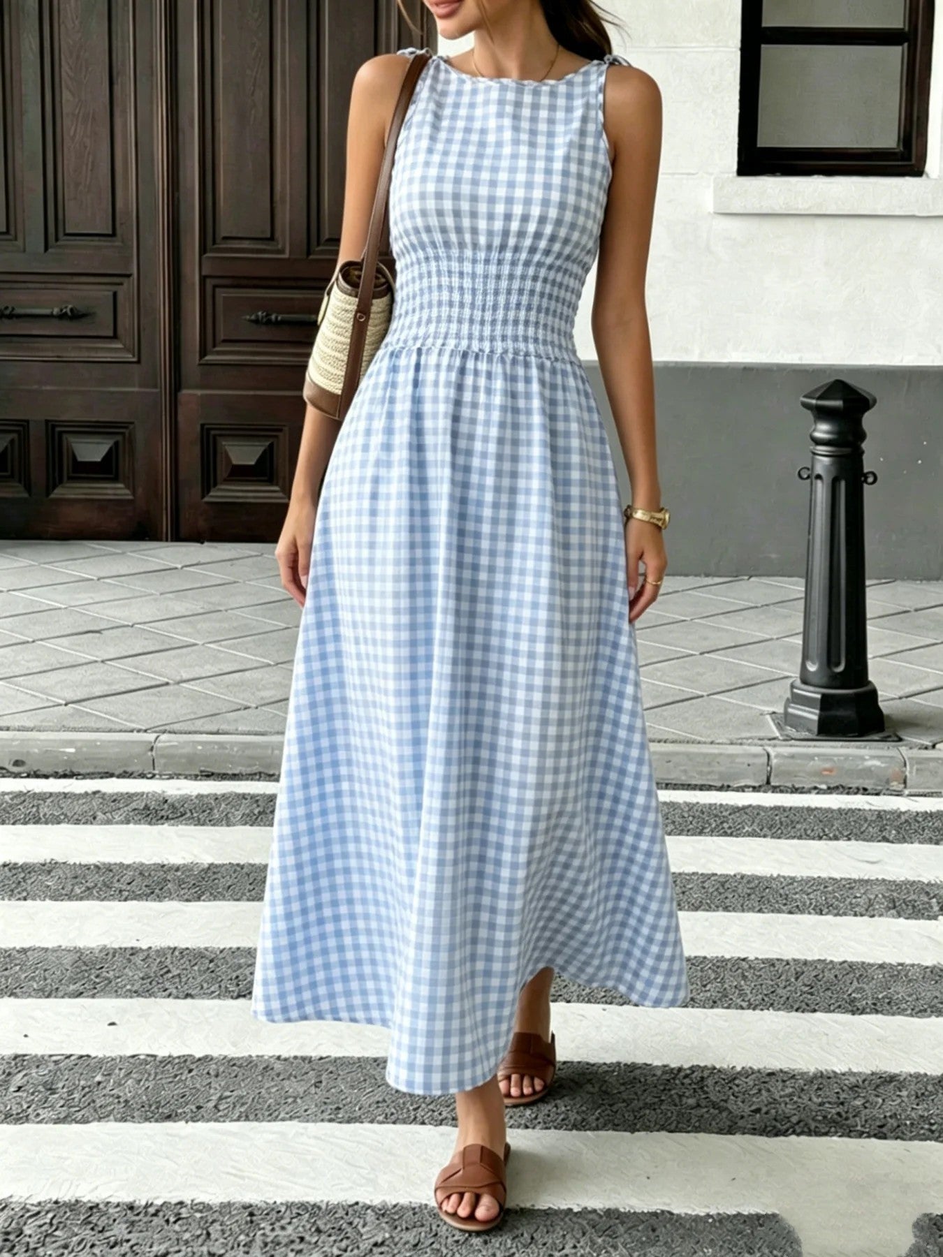 Savoy Gingham Maxi Dress - Sky Blue
