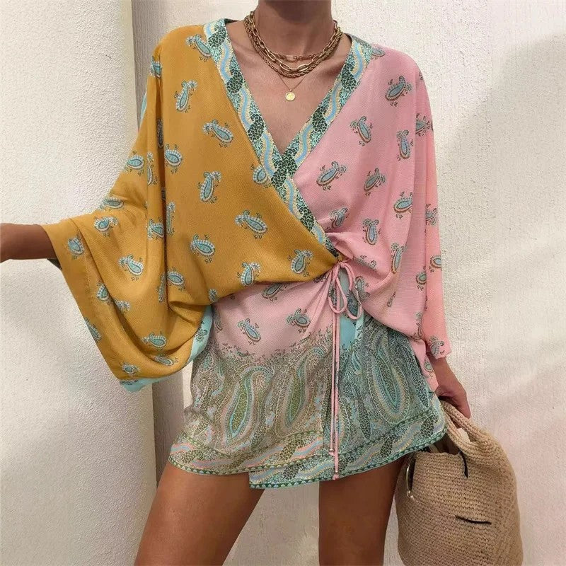 Taormina Boho Paisley Mini Dress - Dusty Rose