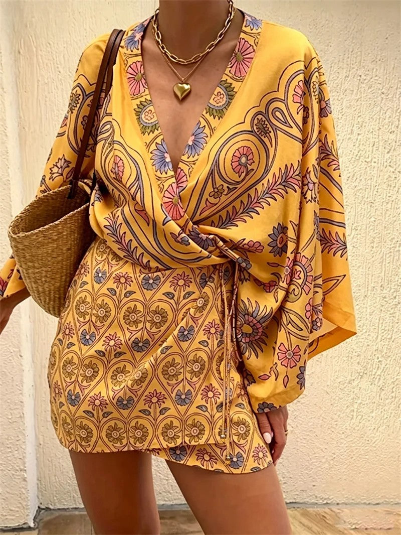 Taormina Boho Paisley Mini Dress - Golden Ochre