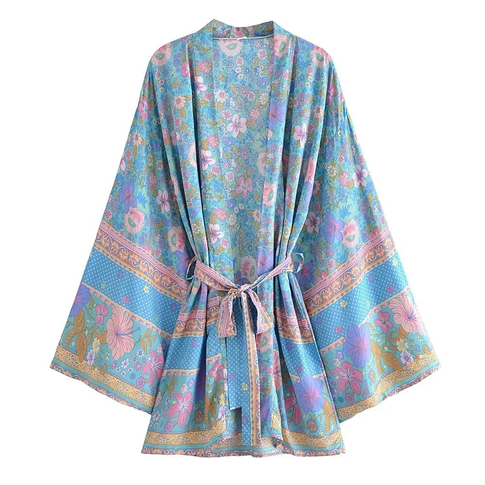 Taranto Floral Tie Kimono - Aqua Bloom