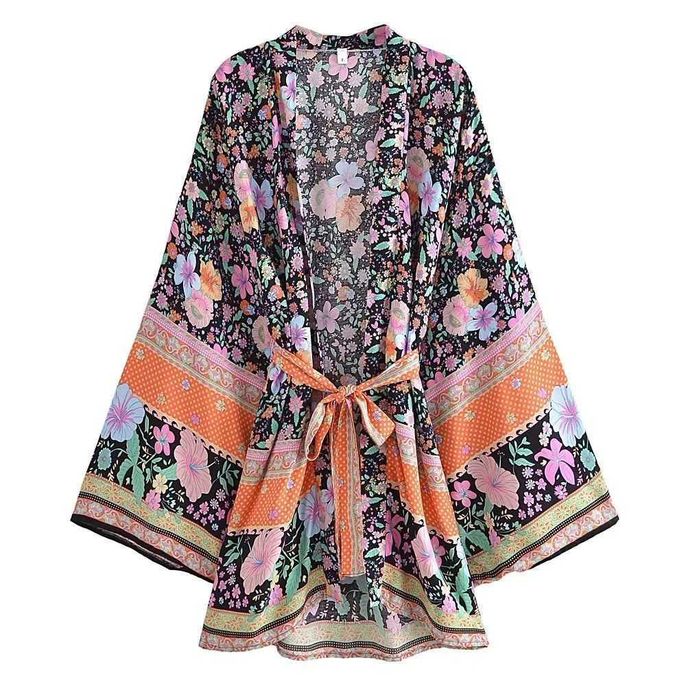 Taranto Floral Tie Kimono - Obsidian