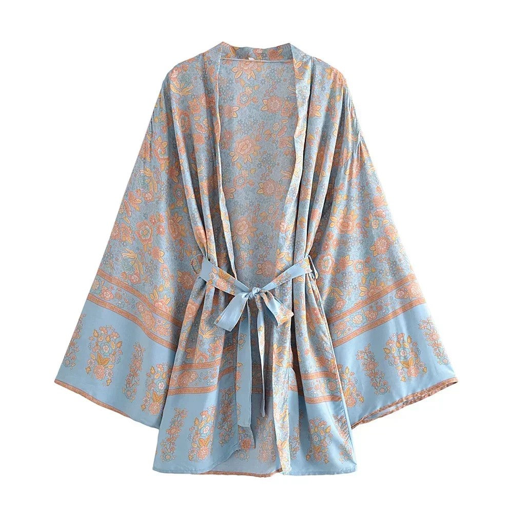Taranto Floral Tie Kimono - Sky Blue
