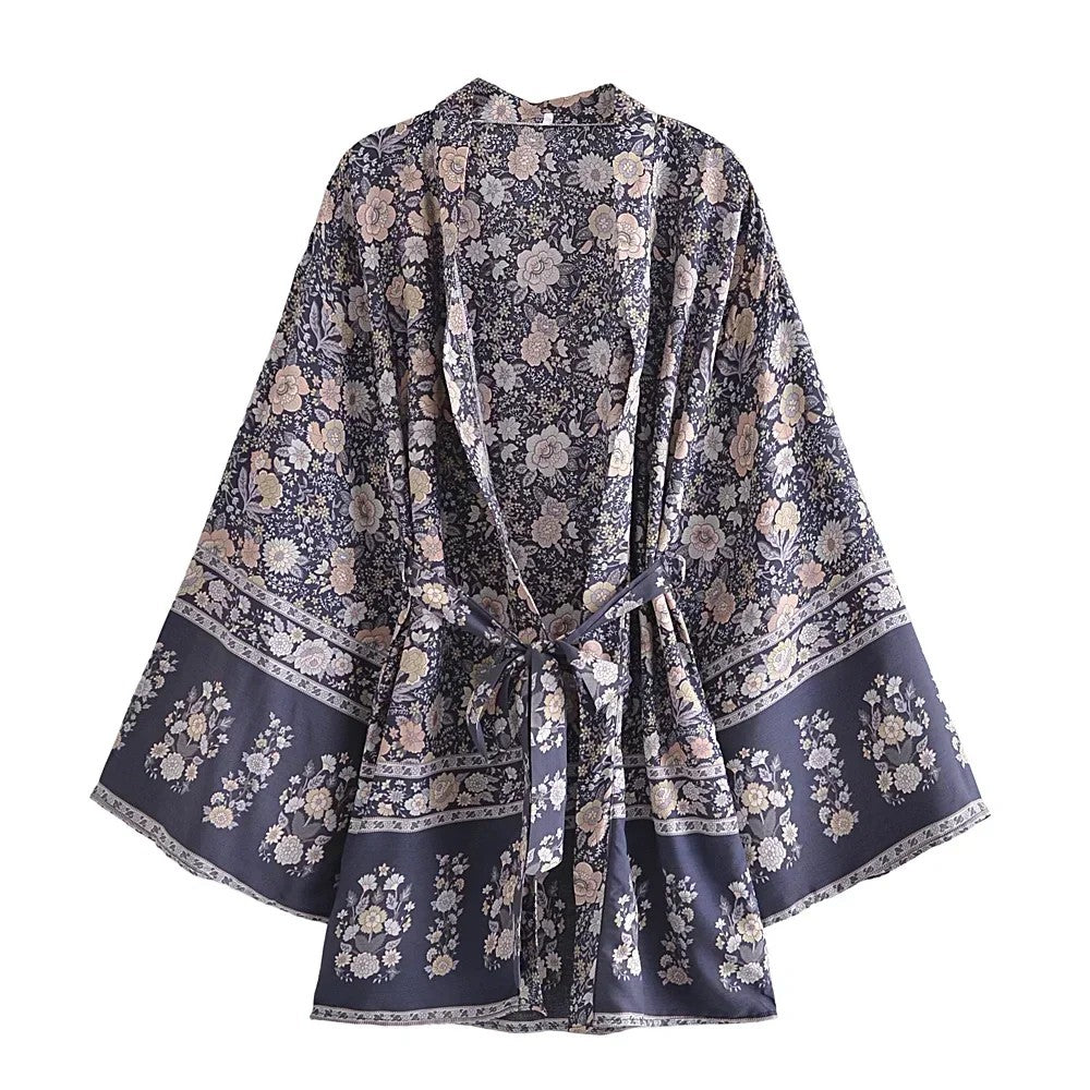 Taranto Floral Tie Kimono - Stone Grey