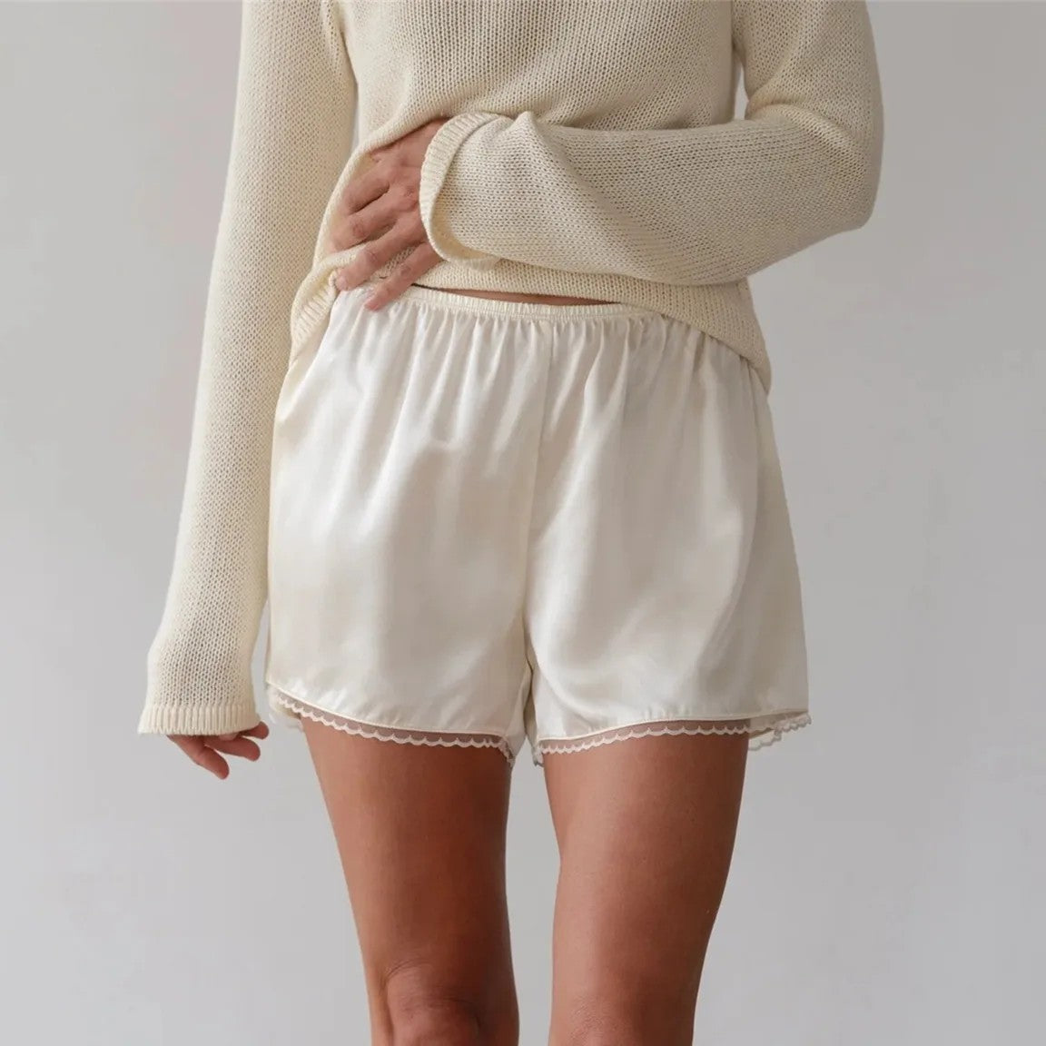 Thornbury Satin Lace Shorts - Ivory