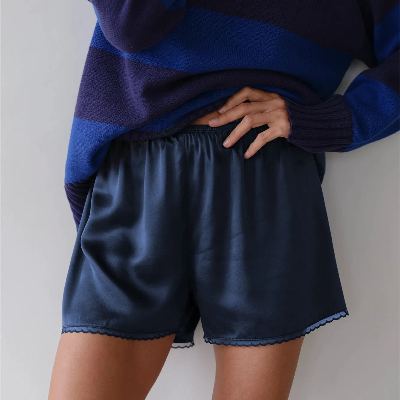 Thornbury Satin Lace Shorts - Midnight Blue