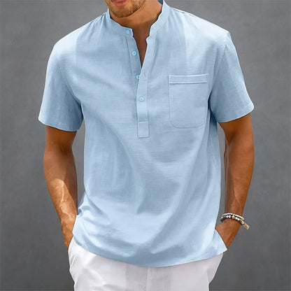 Thun Linen Band Collar Shirt - Azure