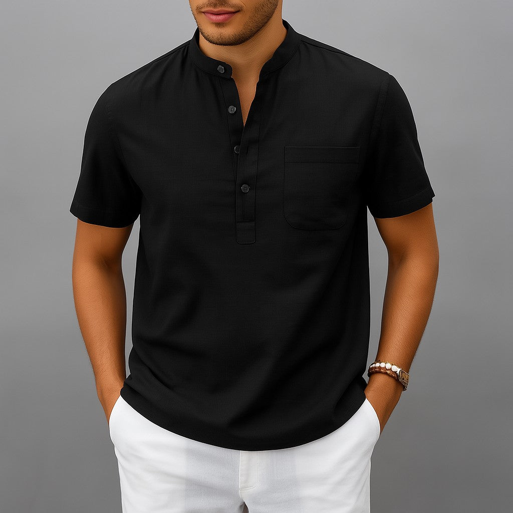 Thun Linen Band Collar Shirt - Onyx