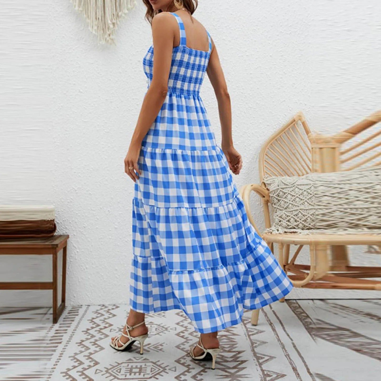 Tivoli Shirred Gingham Maxi Dress