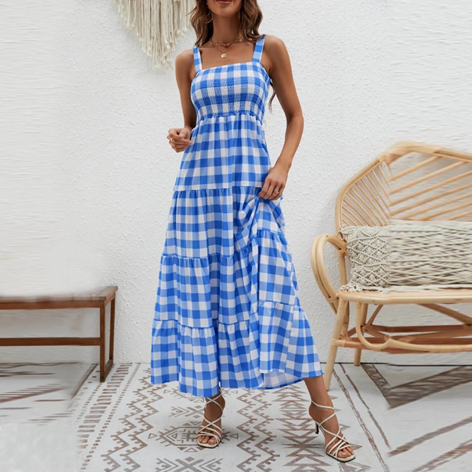 Tivoli Shirred Gingham Maxi Dress - Azure Gingham