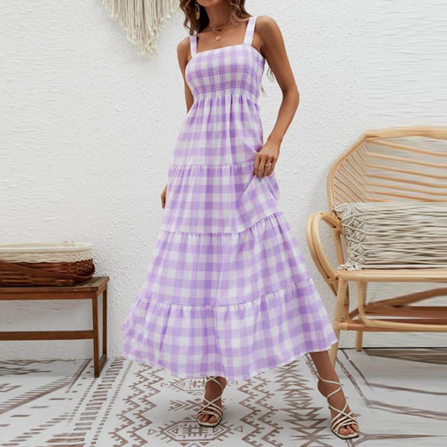 Tivoli Shirred Gingham Maxi Dress - Lilac Gingham