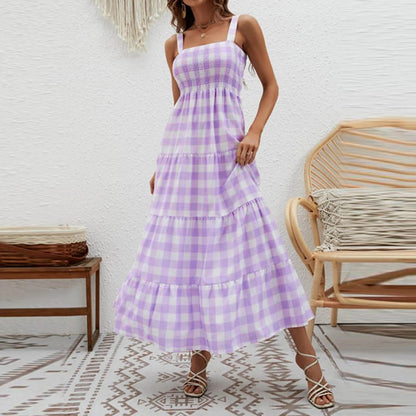 Tivoli Shirred Gingham Maxi Dress - Lilac Gingham
