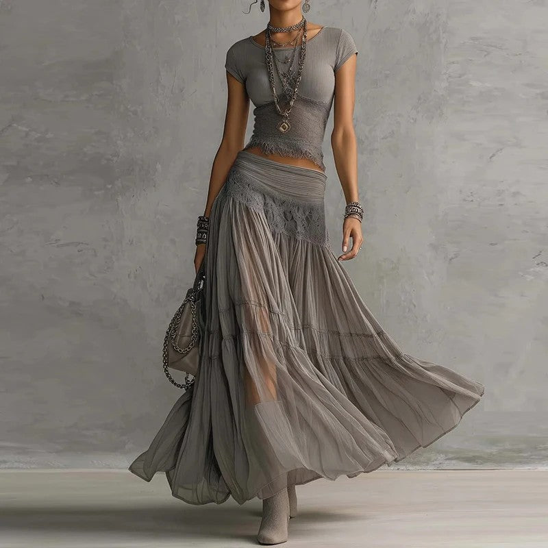 Trieste Lace Maxi Skirt Set - Slate