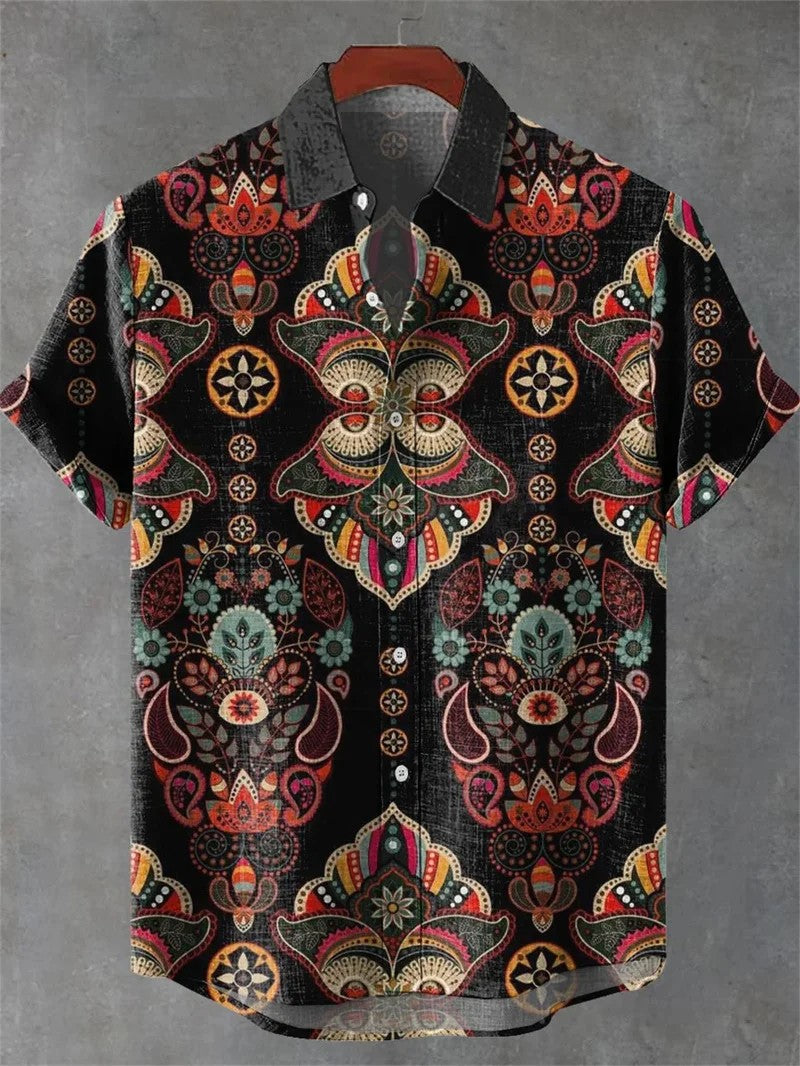 Valais Linen Short Sleeve Shirt - Midnight Mandala