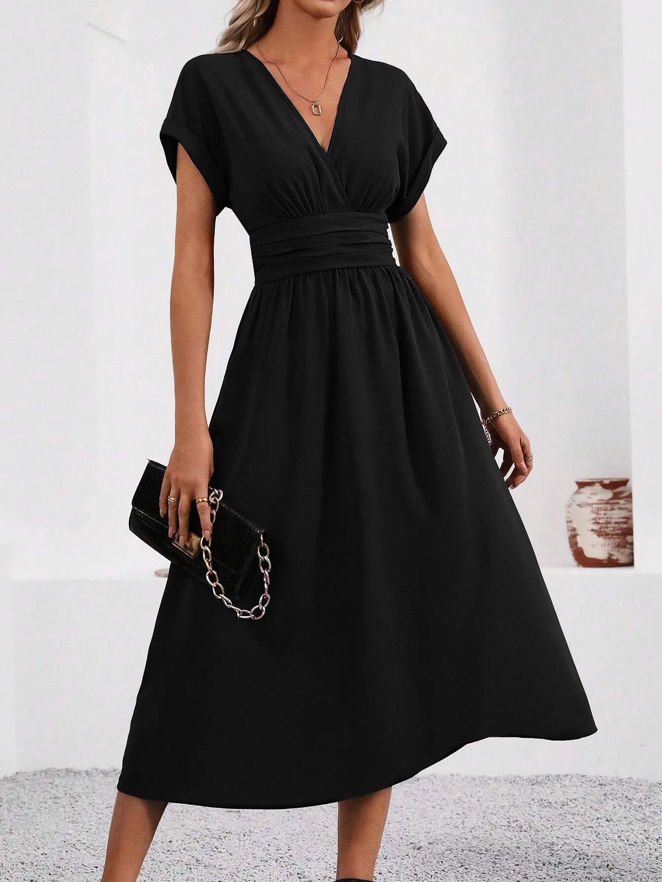 Valais Pleated Batwing Dress - Black