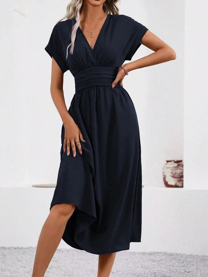 Valais Pleated Batwing Dress - Navy