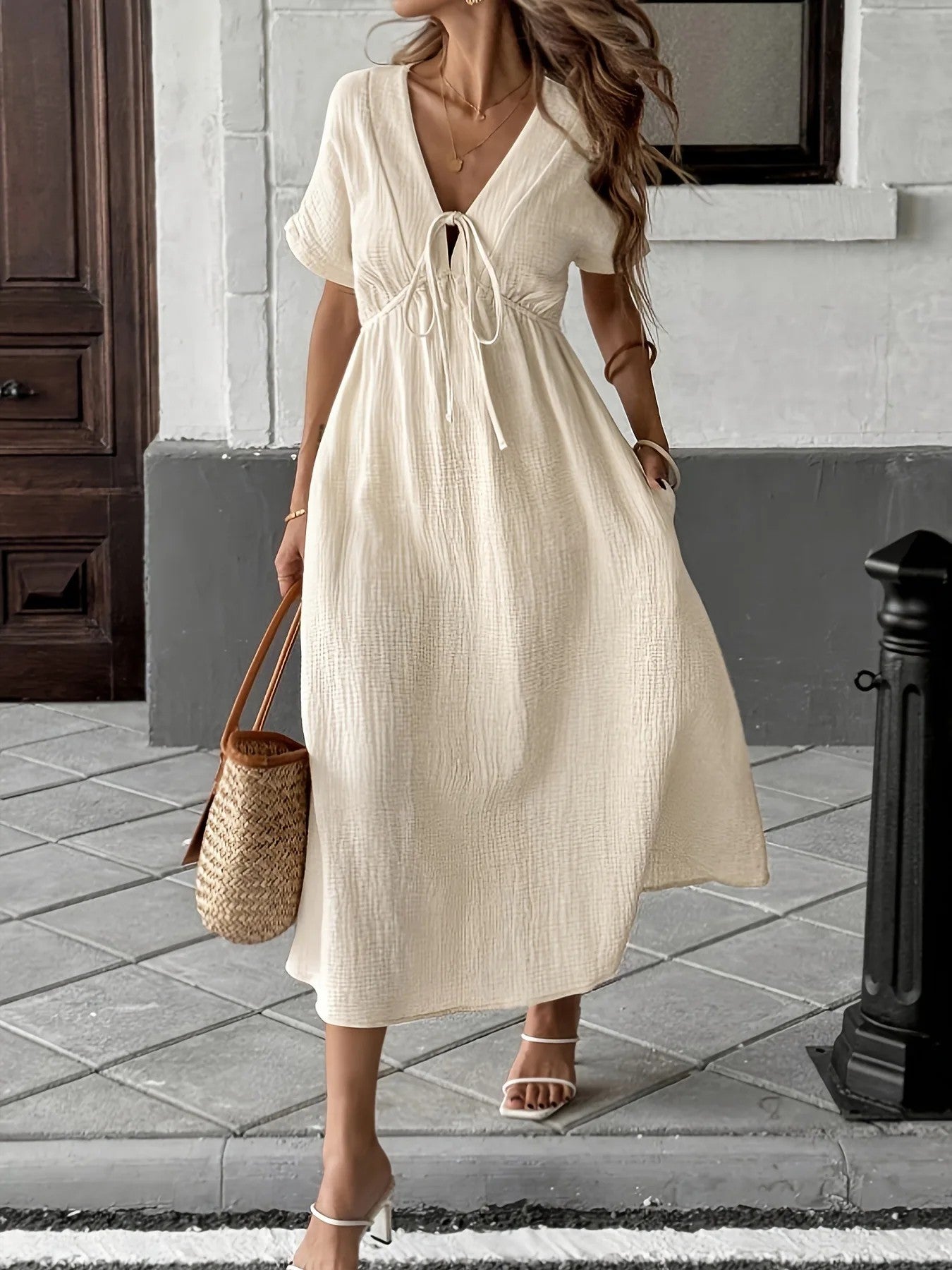 Valensole Pleated Midi Dress - Beige