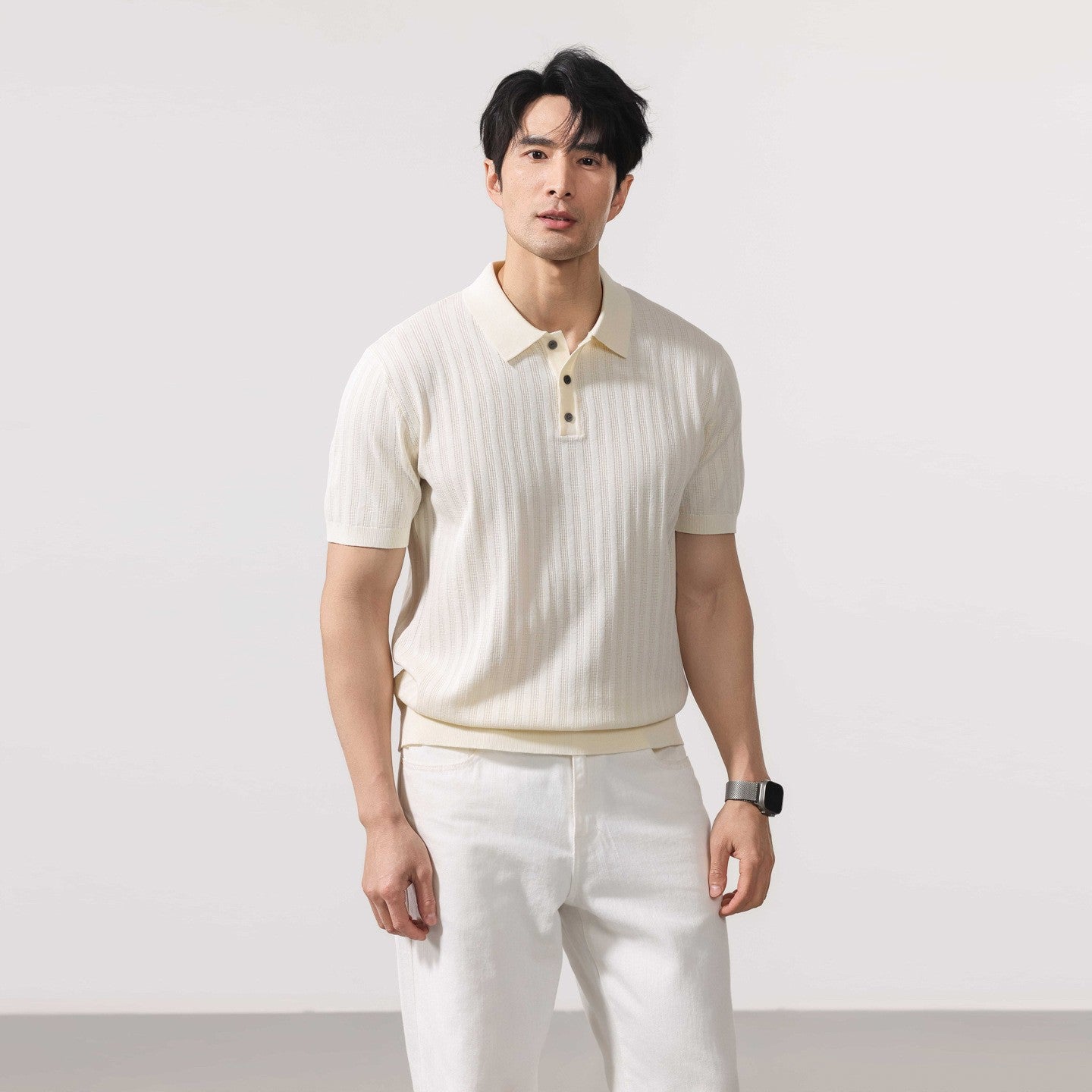 Valen Ribbed Knit Polo - Ecru