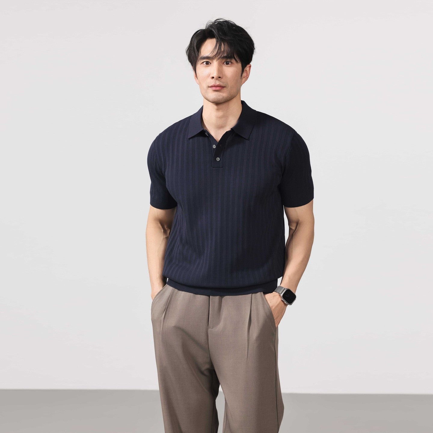 Valen Ribbed Knit Polo - Navy
