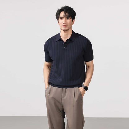 Valen Ribbed Knit Polo - Navy