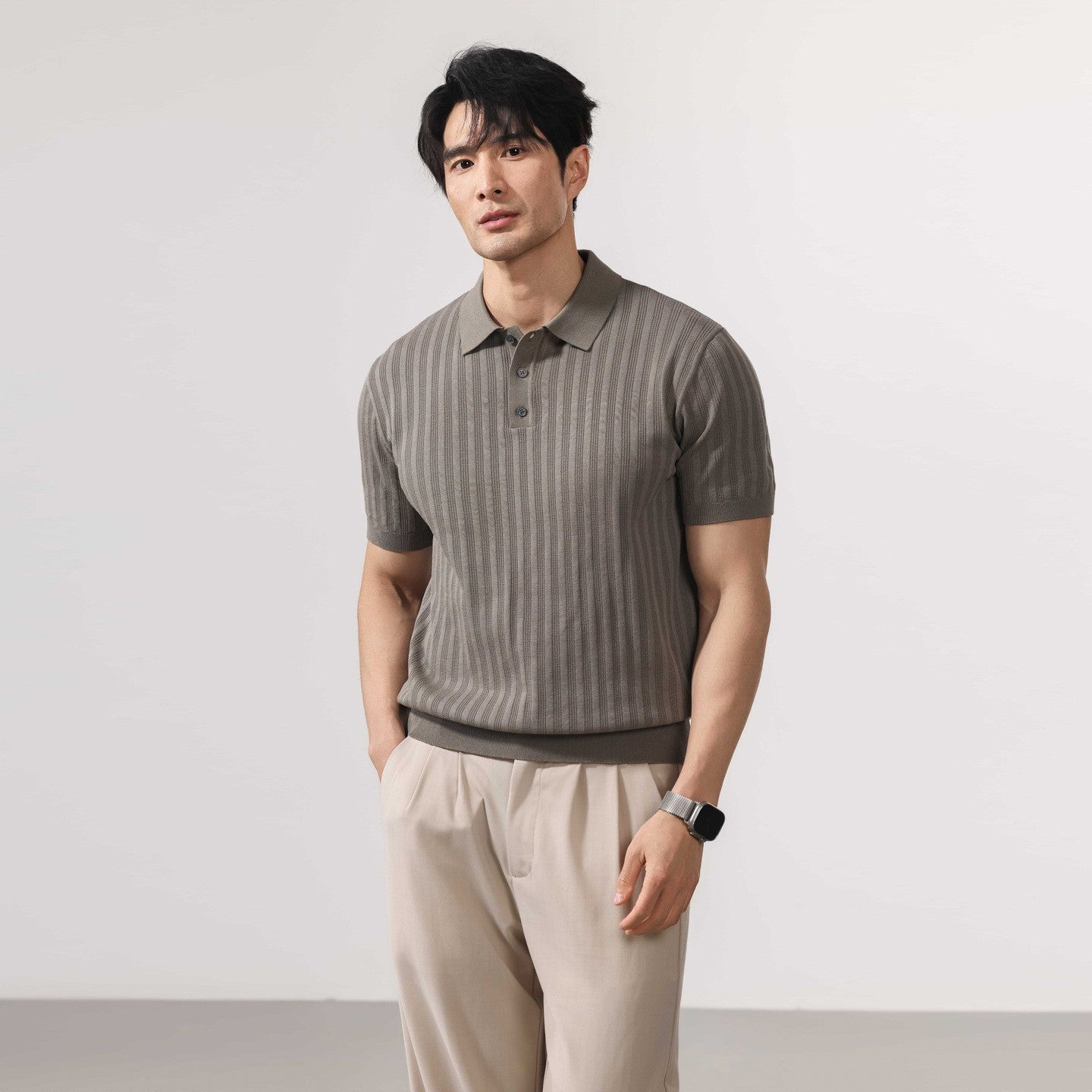 Valen Ribbed Knit Polo - Stone Green