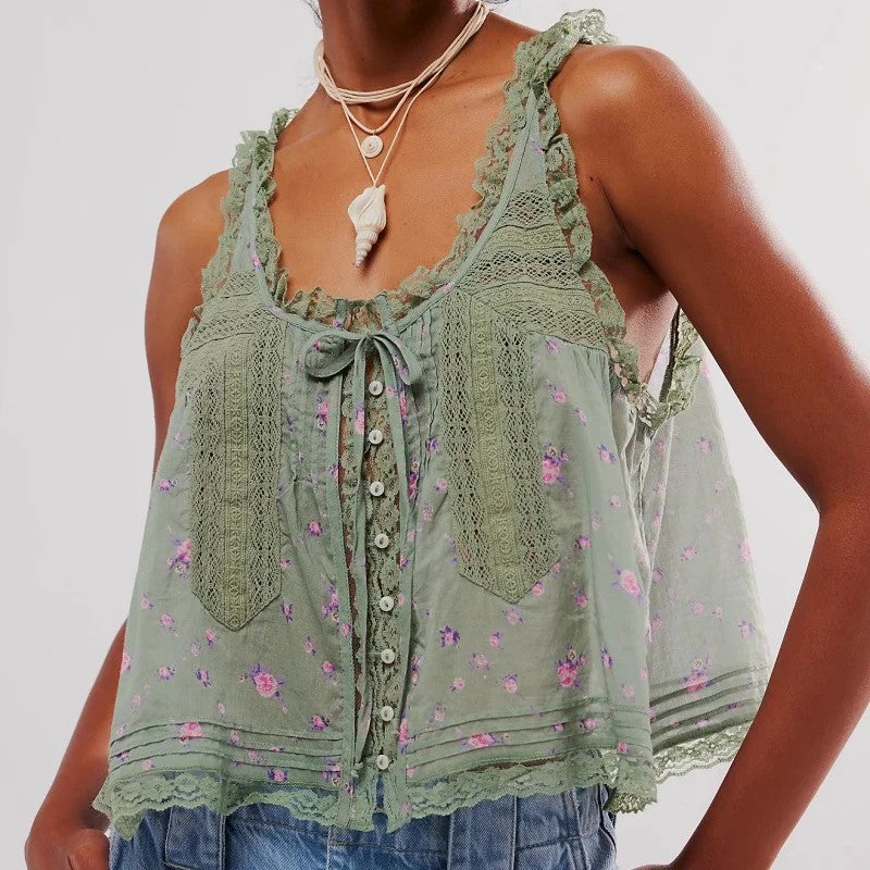 Valette Floral Lace Cami Top - Forest Green