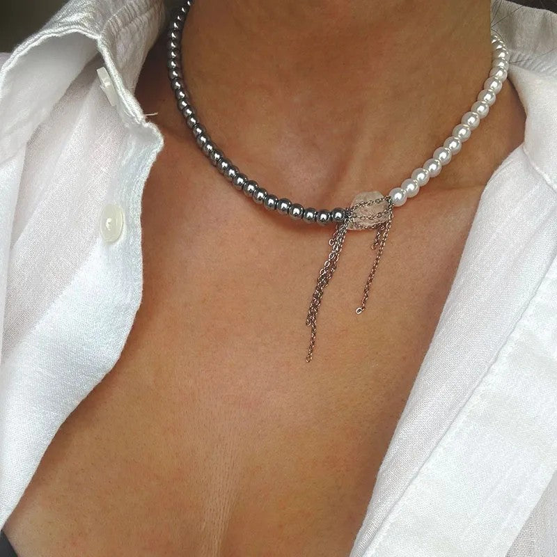 Varenna Layered Stone Choker - Half Pearl Stone