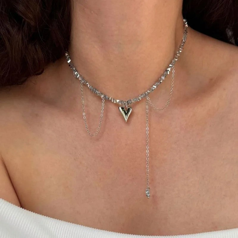 Varenna Layered Stone Choker - Silver V Charm