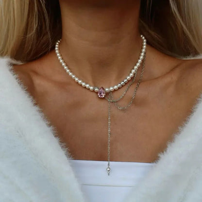 Varenna Layered Stone Choker - Rose Gem Pearl