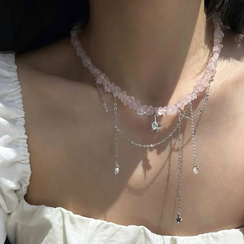 Varenna Layered Stone Choker - Rose Quartz Chip Stone