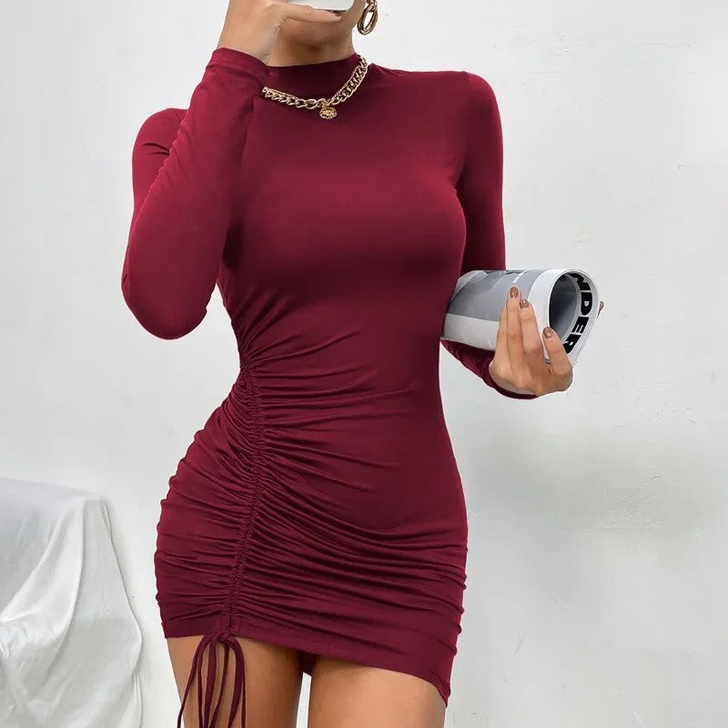 Varenna Pleated High-Neck Dress - Burgundy