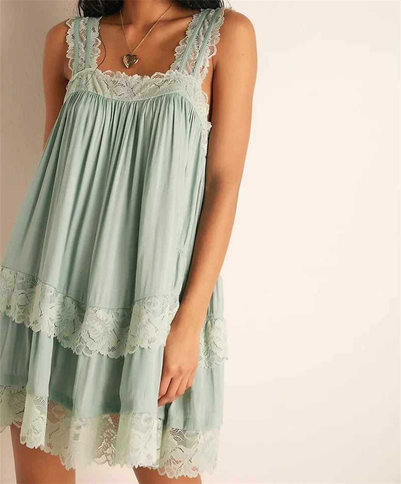 Vence Lace Tiered Mini Dress - Sage