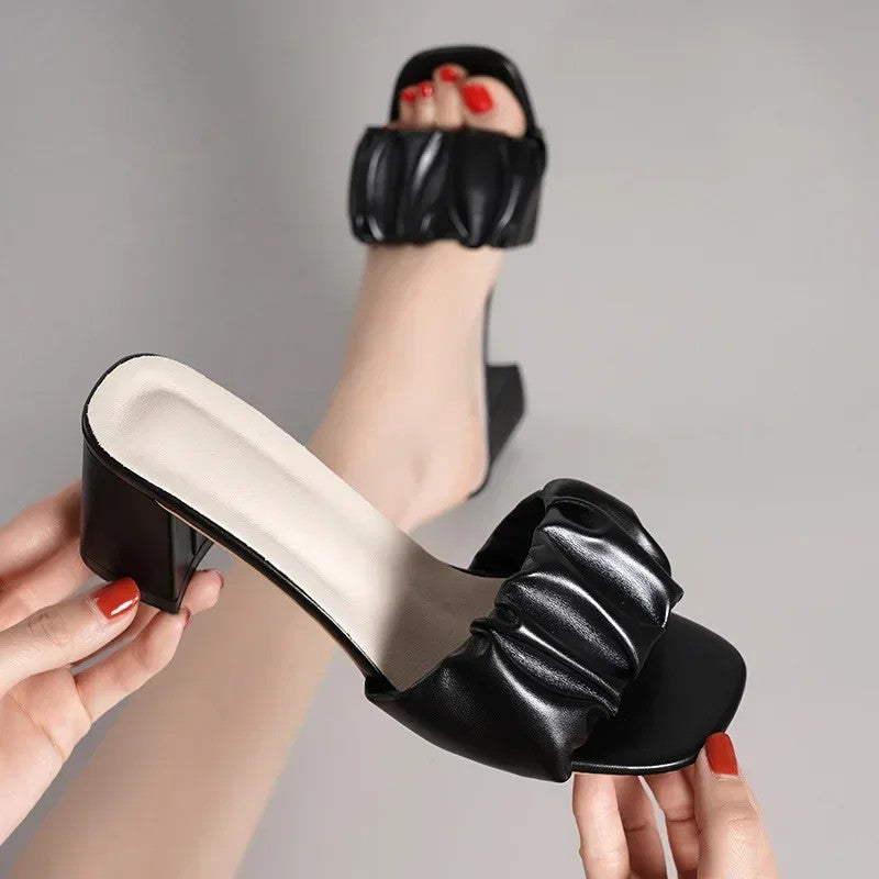 Vendome Pleated Square Toe Sandals - Black