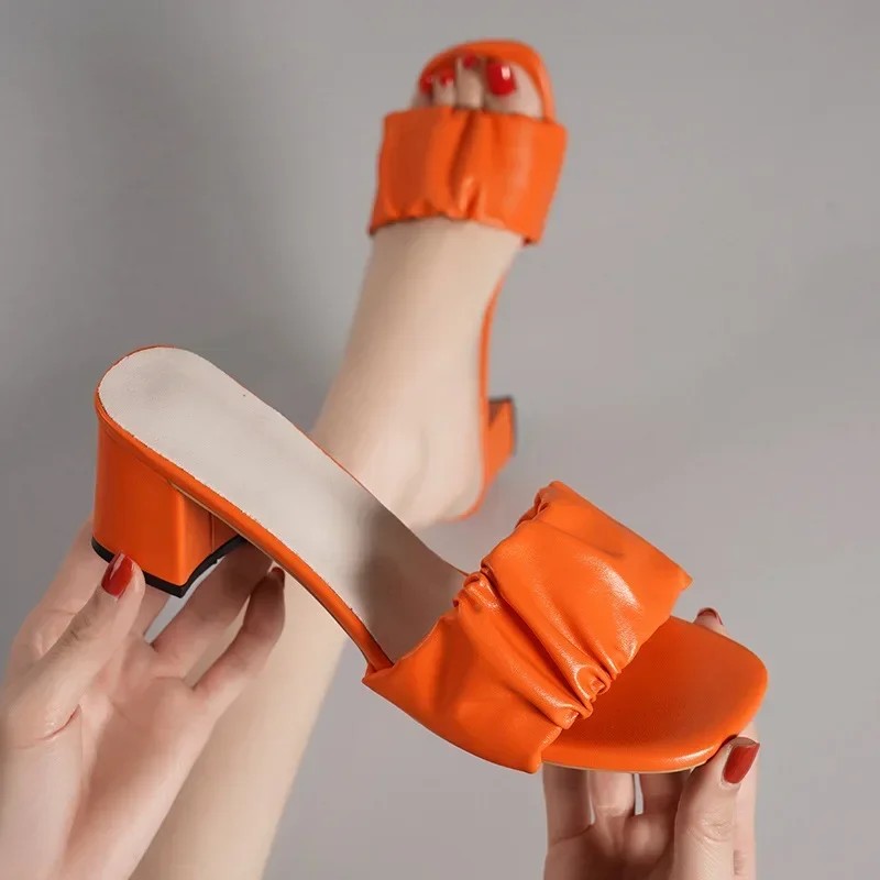 Vendome Pleated Square Toe Sandals - Tangerine