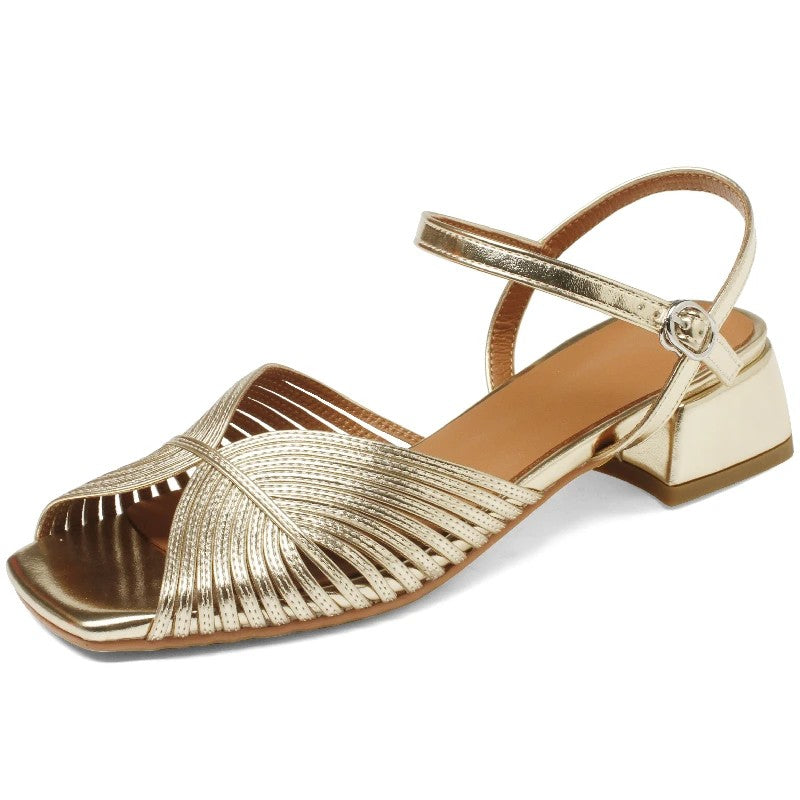 Verona Genuine Leather Low Heel Sandals - Gold