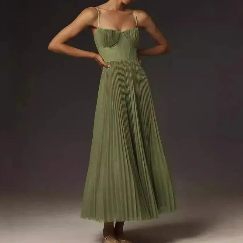 Verona Pleated Suspender Dress - Emerald Green