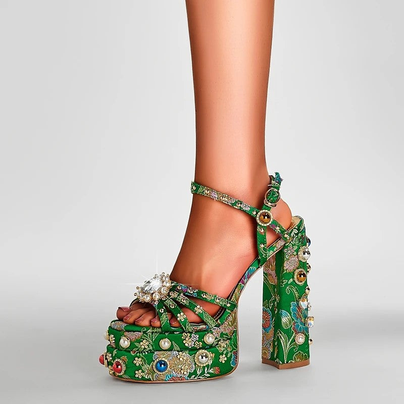 Visconté Satin Platform Sandals - Verdant Bloom