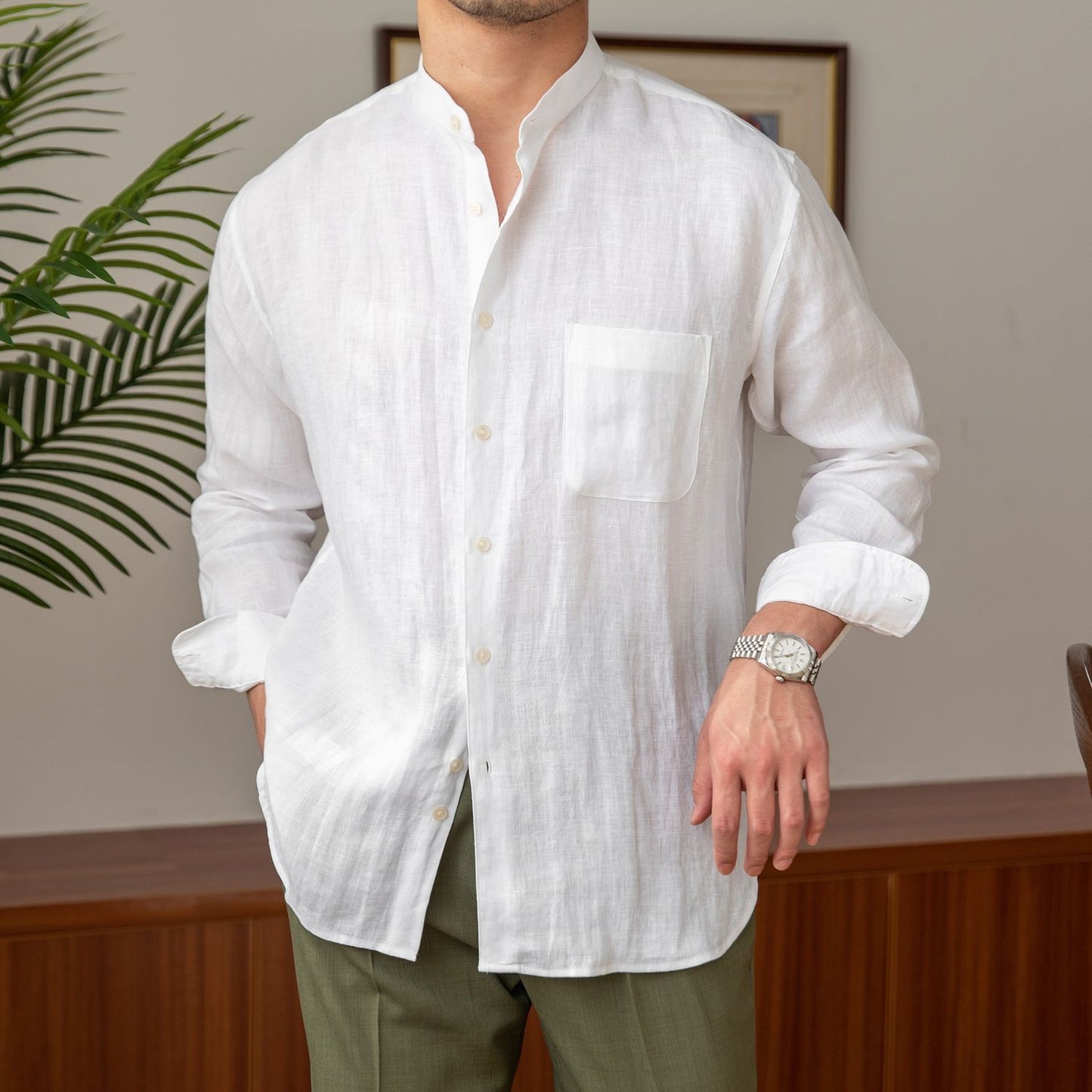 Zadar Natural Linen Stand Collar Shirt
