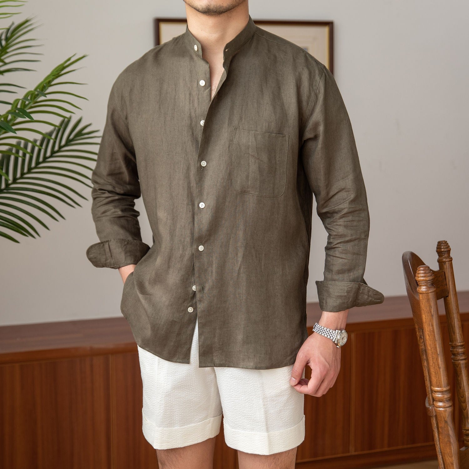 Zadar Natural Linen Stand Collar Shirt