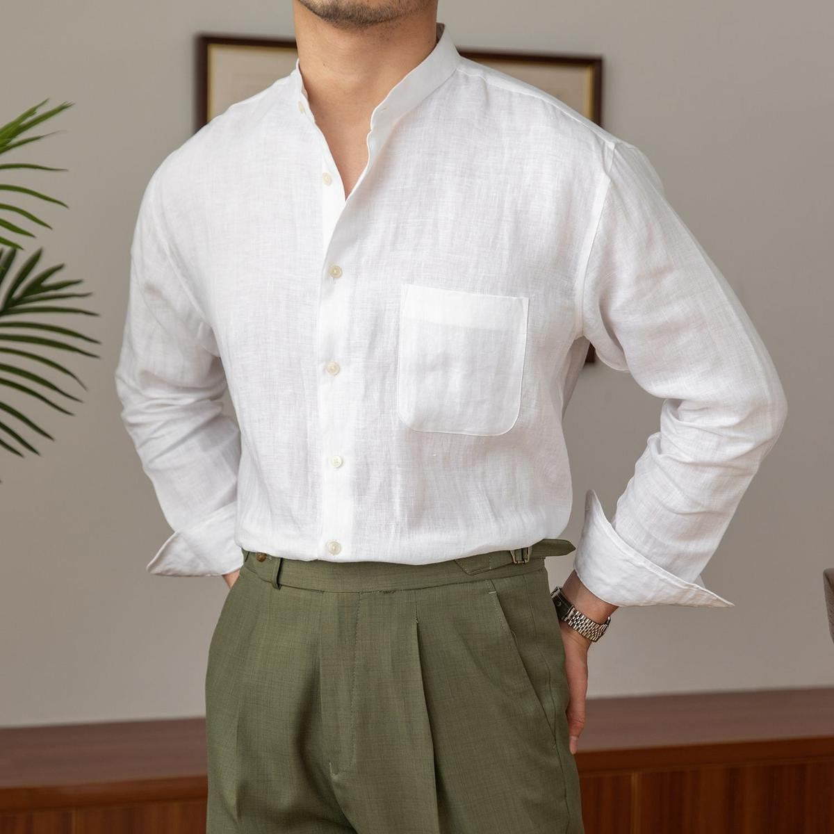 Zadar Natural Linen Stand Collar Shirt - White